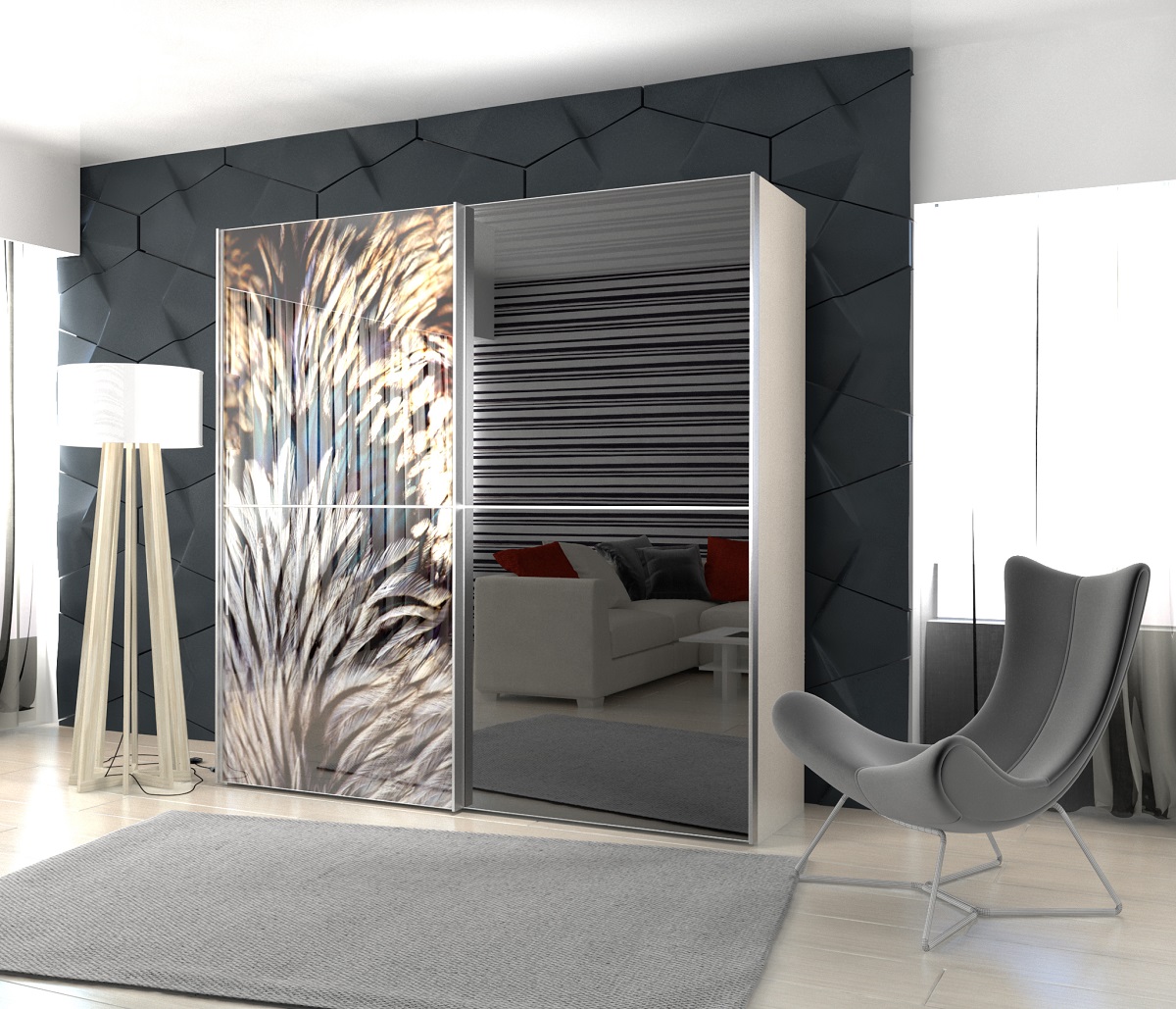 шкаф-купе лдсп алебастр белый стекло плёнка с рисунком зеркало арт 10172 (Шкафы-купе) Вид 1