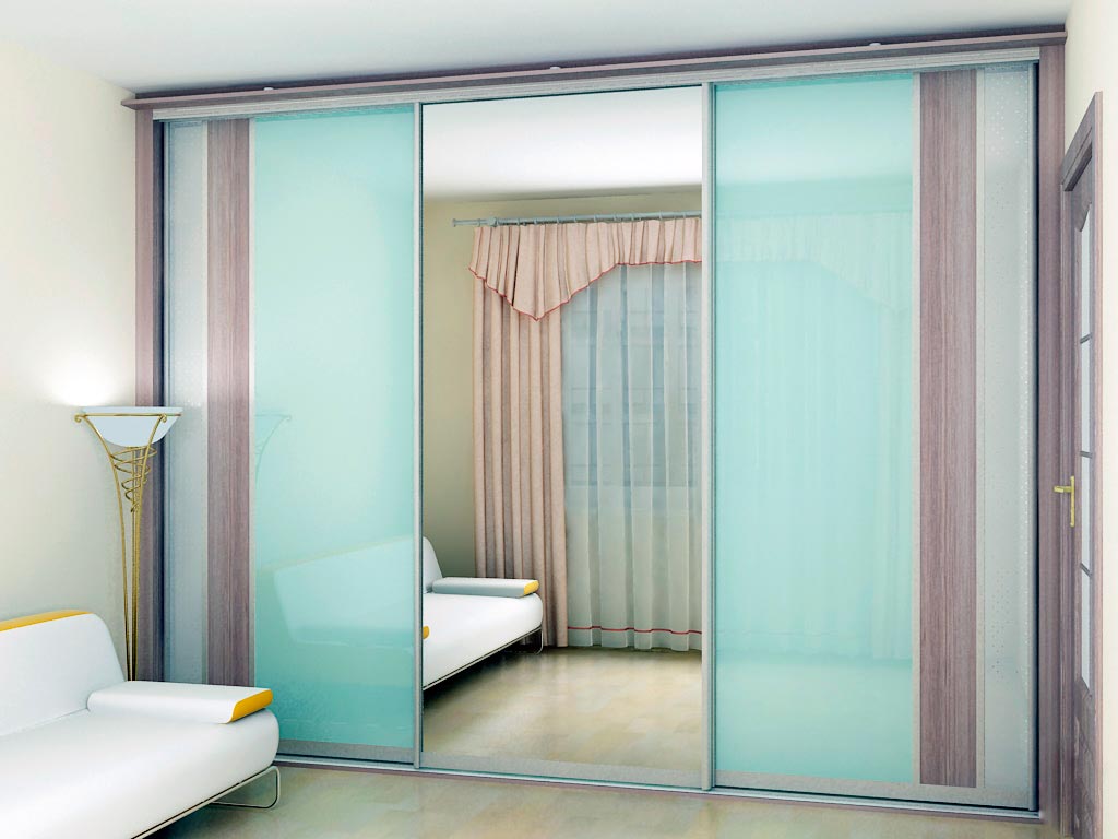 шкаф лдсп файнлайн серый стекло светло-голубое зеркало арт 10015 (Корпусная мебель в спальню) Вид 1