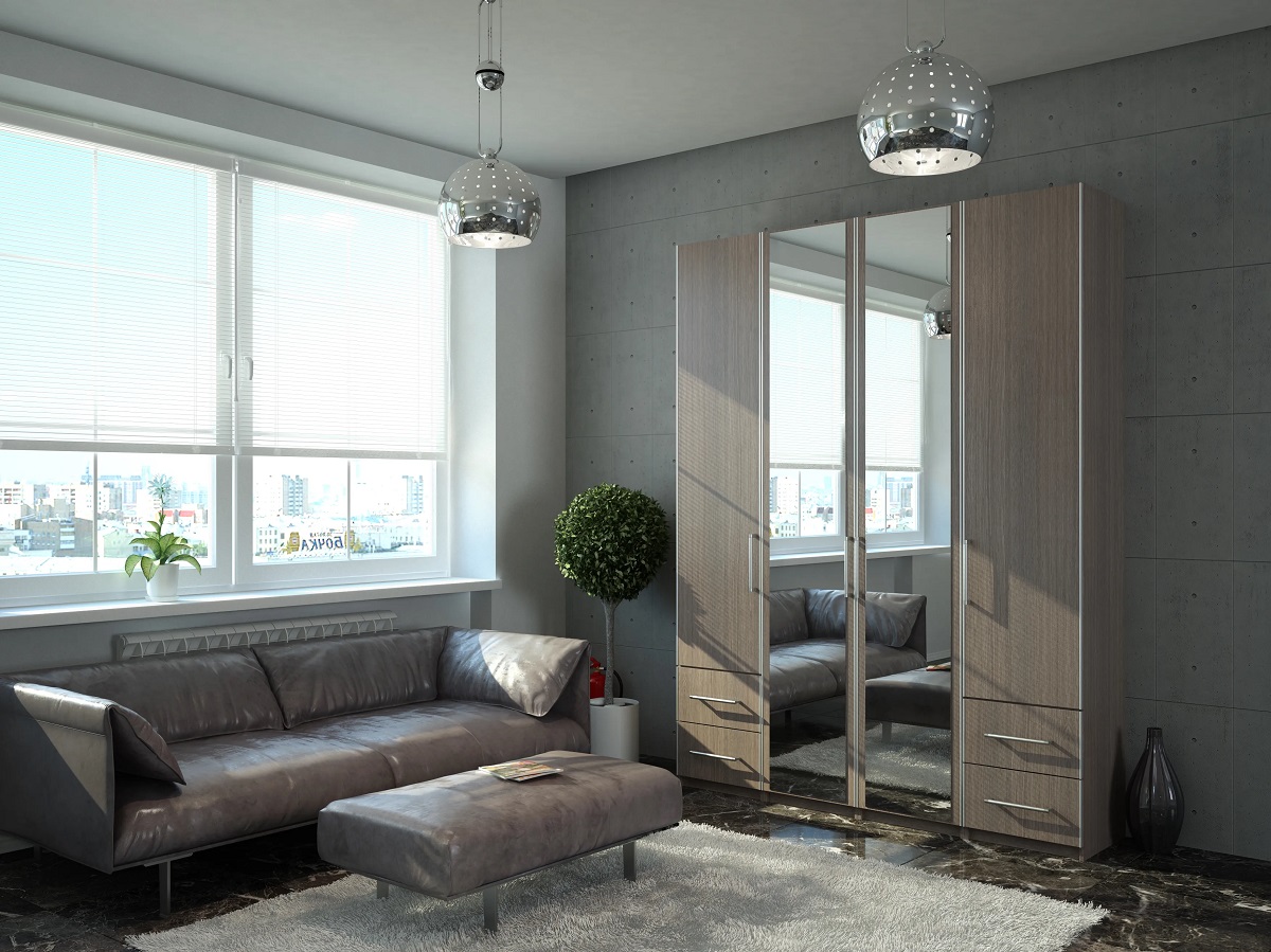 Роникон: Распашной шкаф ЛДСП Дуб Лоренцо бежево-серый Зеркало арт 7755, фото 1