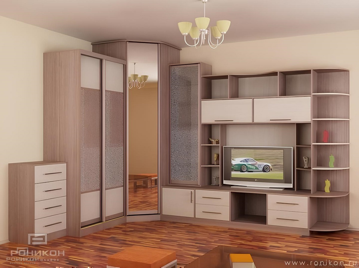 Роникон: Угловой гарнитур ЛДСП Орех Пацифик Стекло-паутина Зеркало арт 670, фото 1