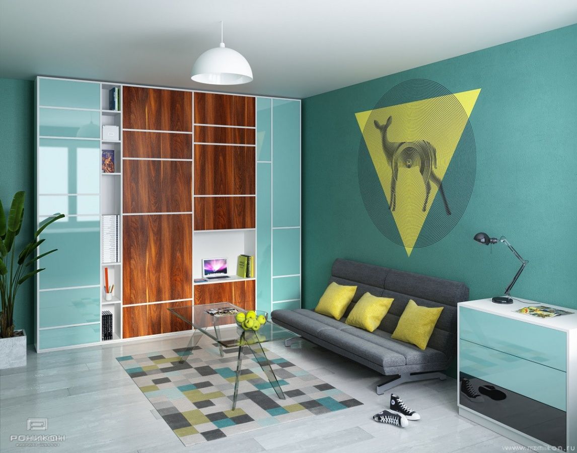 шкаф и тумба лдсп орех дижон натуральный аква голубой арт 4028 (Детские комнаты) Вид 1