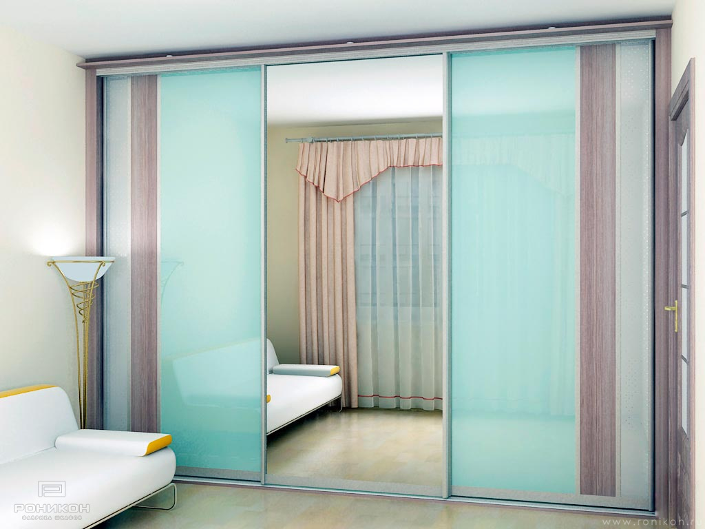 шкаф лдсп файнлайн серый стекло светло-голубое зеркало арт 10015 (Корпусная мебель в спальню) Вид 1