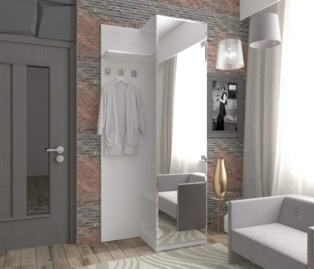 прихожая лдсп белый премиум зеркало серебро арт 3944 (Прихожие под заказ) Вид 1